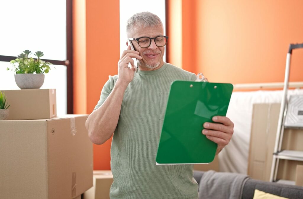 A senior surrounded by moving boxes looks at a checklist on a green clipboard while on the phone to remember all their to-dos