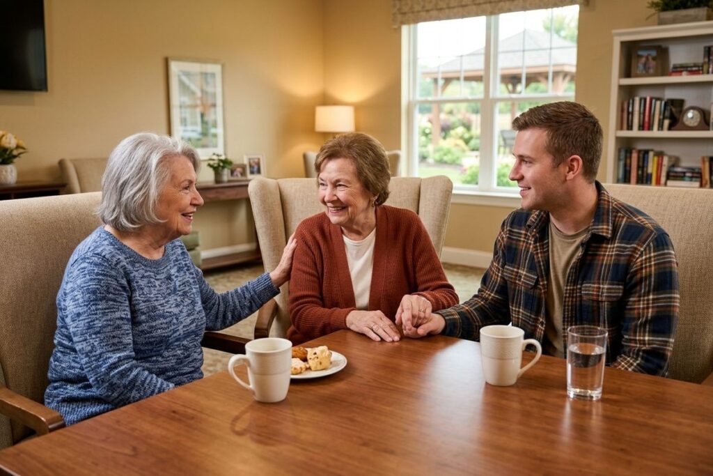 Two seniors and one younger adult sit at a table in a living room, smiling and holding hands. Mugs and a plate of food are on the table.