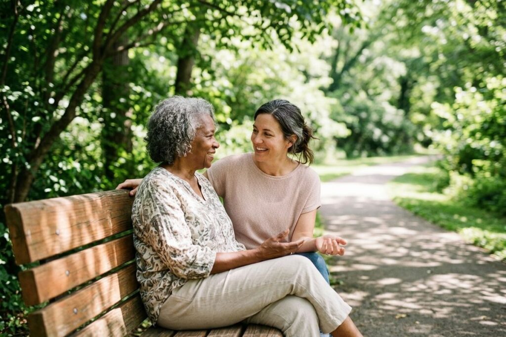 Two smiling adults sit on a wooden bench beside a paved path in a wooded park, looking at each other while conversing.