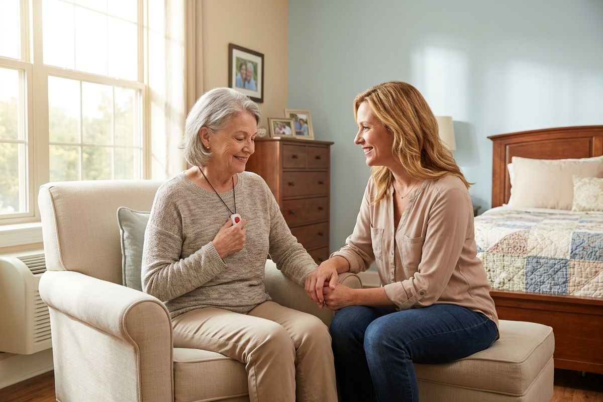 Smiling older adult in a bedroom armchair holds a medical alert necklace. Their adult child sits beside them, gently holding their hand.
