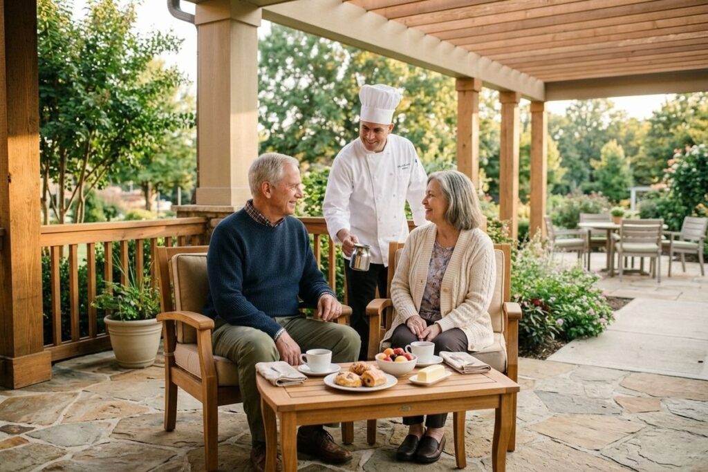 A smiling chef holds a pitcher and serves two older adults seated at an outdoor patio table with coffee and pastries.