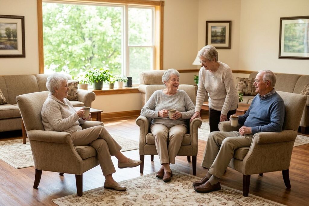 Four older adults socializing in a bright living area. Three sit in armchairs holding mugs while one stands beside them, all smiling.